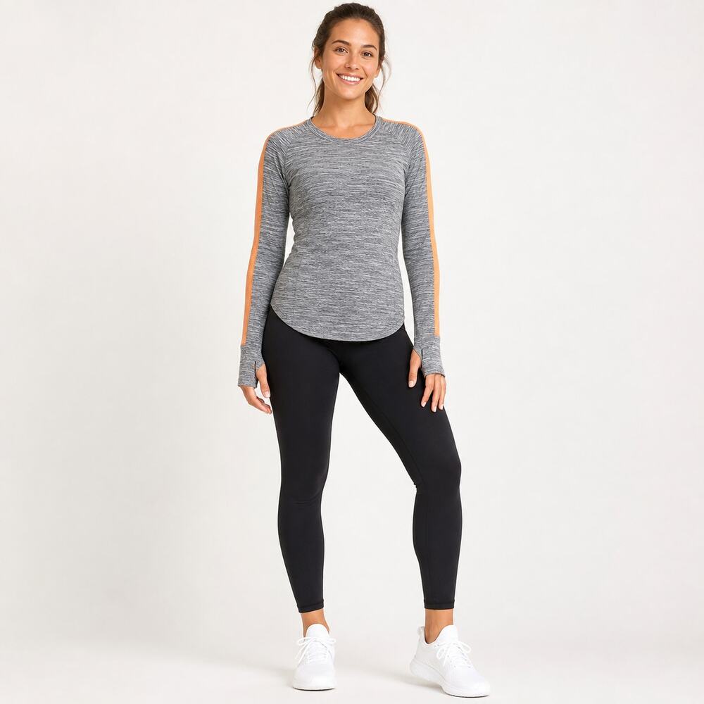 Athleta Snowscape Quilted Pullover Women’s Small Gray Neon Orange Thumbholes